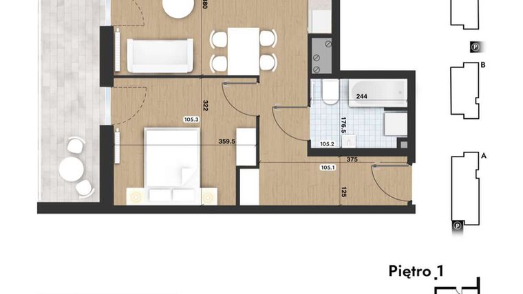 Rzut - Mieszkanie na sprzedaż 2 pokoje o powierzchni 43,27 m² - numer 105 w Słomczyńskiego Widoki