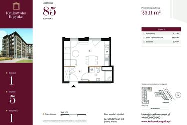 Rzut - Mieszkanie na sprzedaż 1 pokój o powierzchni 25,11 m² - numer 1.M85 w Krakowska Rogatka