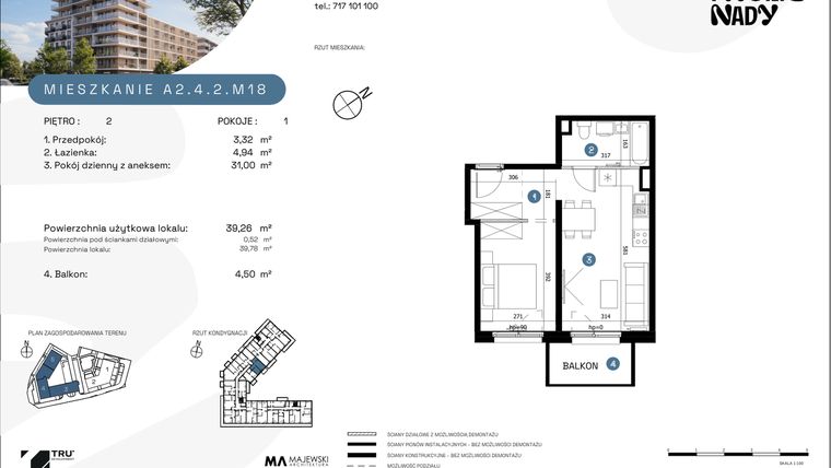 Rzut - Mieszkanie na sprzedaż 1 pokój o powierzchni 39,26 m² - numer A2.4.2.M18 w Nowe Promenady