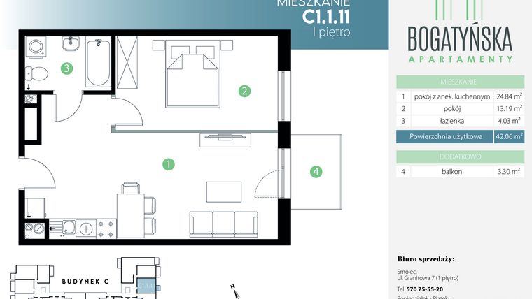 Rzut - Mieszkanie na sprzedaż 2 pokoje o powierzchni 42,06 m² - numer C1.1.11 w Bogatyńska Apartamenty etap 3