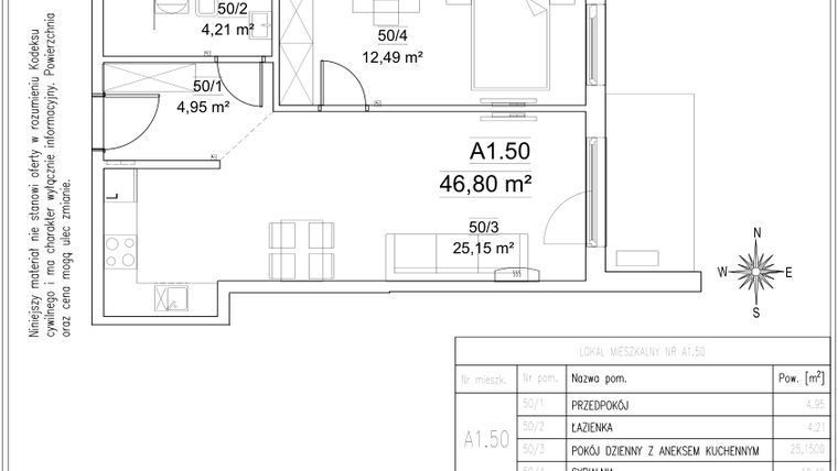Rzut - Mieszkanie na sprzedaż 2 pokoje o powierzchni 46,8 m² - numer A1.50 w FORTnatura