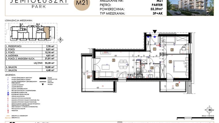 Rzut - Mieszkanie na sprzedaż 3 pokoje o powierzchni 55,39 m² - numer A2_M21 w Jemiołuszki Park etap 2