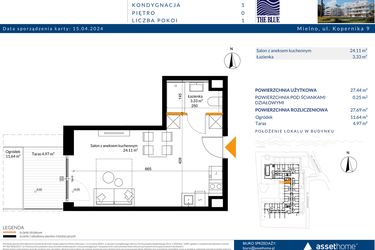Rzut - Mieszkanie na sprzedaż 1 pokój o powierzchni 27,69 m² - numer 0.01 w The Blue