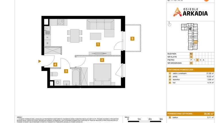 Rzut - Mieszkanie na sprzedaż 2 pokoje o powierzchni 39,9 m² - numer 31 w Osiedle Arkadia