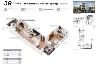 Rzut - Mieszkanie na sprzedaż 3 pokoje o powierzchni 59,51 m² - numer M6 w JR Nowa