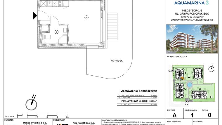 Rzut - Mieszkanie na sprzedaż 1 pokój o powierzchni 24,51 m² - numer A1.01 w Aquamarina 3