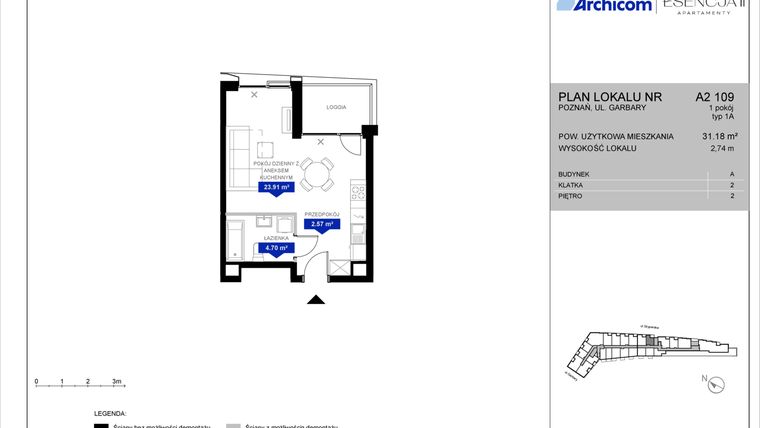 Rzut - Mieszkanie na sprzedaż 1 pokój o powierzchni 31,18 m² - numer A2.109 w Apartamenty Esencja II