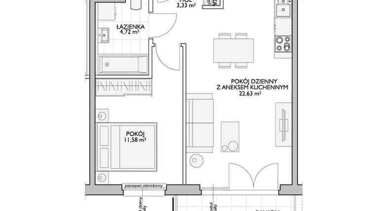 Rzut - Mieszkanie na sprzedaż 2 pokoje o powierzchni 44,01 m² - numer WO/P33/11 w Wiszące Ogrody