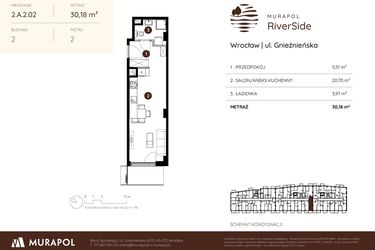 Rzut - Mieszkanie na sprzedaż 1 pokój o powierzchni 30,18 m² - numer 2.A.2.02 w Murapol RiverSide