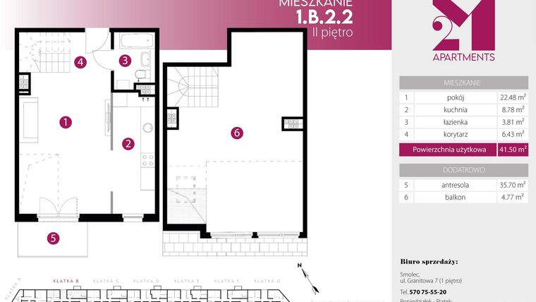 Rzut - Mieszkanie na sprzedaż 2 pokoje o powierzchni 77,2 m² - numer 1.B.2.2 w 2M Apartments etap IV
