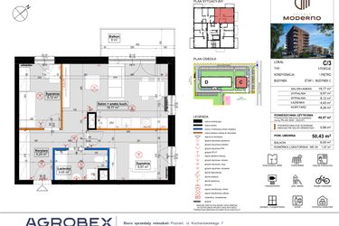 Rzut - Mieszkanie na sprzedaż 3 pokoje o powierzchni 50,43 m² - numer C.3 w Osiedle Moderno
