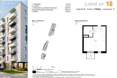 Rzut - Mieszkanie na sprzedaż 1 pokój o powierzchni 34,03 m² - numer C.16 w Osiedle Kochanowskiego - Gliwice