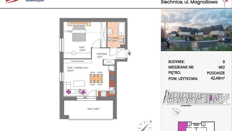 Rzut - Mieszkanie na sprzedaż 2 pokoje o powierzchni 42,49 m² - numer Bud.9-12 w Willa Magnolia
