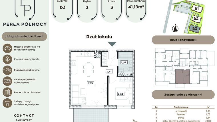 Rzut - Mieszkanie na sprzedaż 2 pokoje o powierzchni 41,19 m² - numer B3.2_3 w Perła Północy etap 2