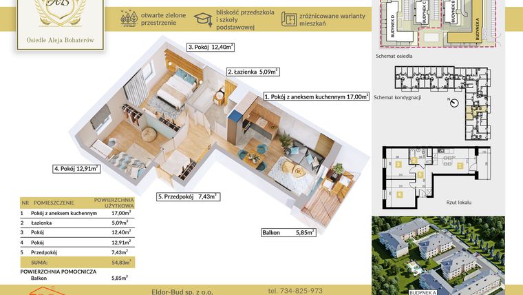 Rzut - Mieszkanie na sprzedaż 3 pokoje o powierzchni 54,83 m² - numer A.25 w Aleja Bohaterów