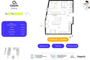 Rzut - Mieszkanie na sprzedaż 2 pokoje o powierzchni 50,69 m² - numer 4.65 w Osiedle Ozon etap VIII