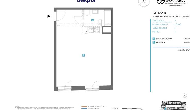Rzut - Mieszkanie na sprzedaż 1 pokój o powierzchni 46,87 m² - numer 1.3.033 w Granaria