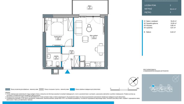 Rzut - Mieszkanie na sprzedaż 2 pokoje o powierzchni 36,44 m² - numer DC0301 w Talarowa Park II