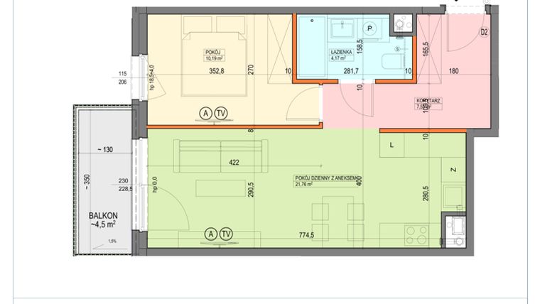 Rzut - Mieszkanie na sprzedaż 2 pokoje o powierzchni 43,63 m² - numer B1.2.13.2a w Junique I.II