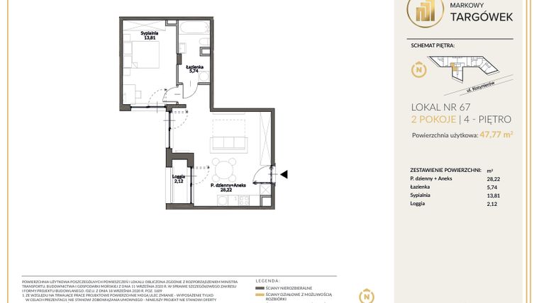 Rzut - Mieszkanie na sprzedaż 2 pokoje o powierzchni 48,15 m² - numer 67 w Markowy Targówek