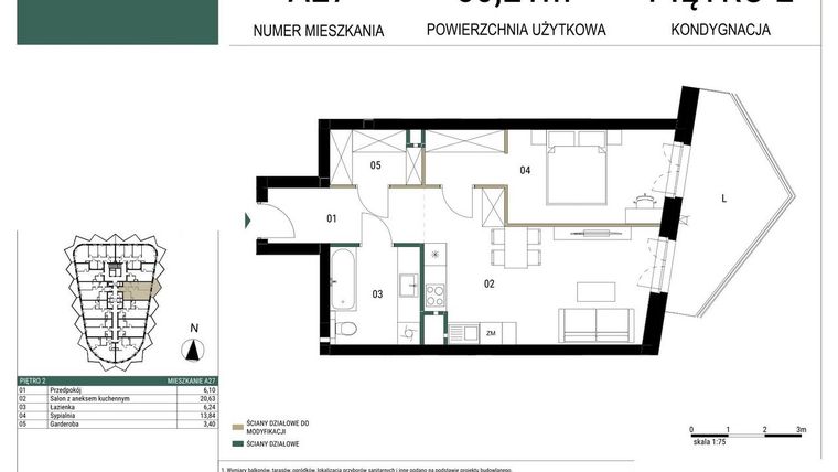 Rzut - Mieszkanie na sprzedaż 2 pokoje o powierzchni 50,21 m² - numer A27 w Drago