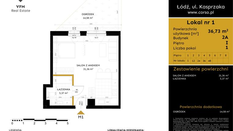 Rzut - Mieszkanie na sprzedaż 1 pokój o powierzchni 36,73 m² - numer 2A.1 w Corso etap 2