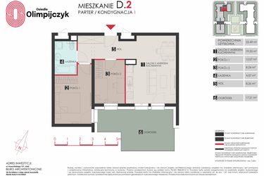 Rzut - Mieszkanie na sprzedaż 3 pokoje o powierzchni 52,49 m² - numer D2 w Osiedle Olimpijczyk II etap