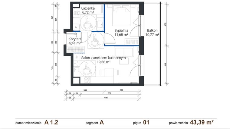 Rzut - Mieszkanie na sprzedaż 2 pokoje o powierzchni 43,39 m² - numer A 1.2 w Nowe Zabłocie