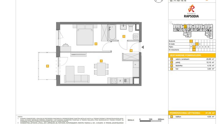 Rzut - Mieszkanie na sprzedaż 2 pokoje o powierzchni 41,08 m² - numer A.74 w Osiedle Rapsodia