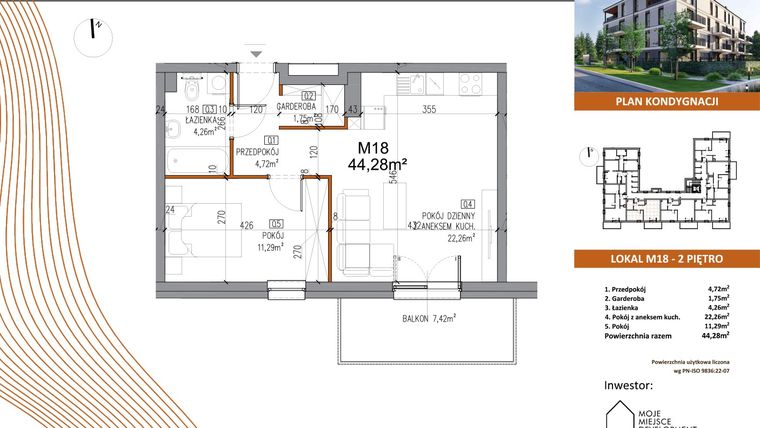 Rzut - Mieszkanie na sprzedaż 2 pokoje o powierzchni 44,28 m² - numer M18 w Villa Terra