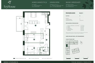 Rzut - Mieszkanie na sprzedaż 3 pokoje o powierzchni 54,9 m² - numer B.3.1 w IVY HOUSE