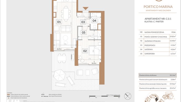 Rzut - Mieszkanie na sprzedaż 2 pokoje o powierzchni 58,56 m² - numer C.0.1 w Portico Marina
