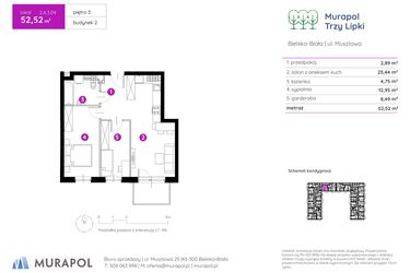 Rzut - Mieszkanie na sprzedaż 2 pokoje o powierzchni 52,52 m² - numer 2.A.3.09 w Murapol Trzy Lipki etap II