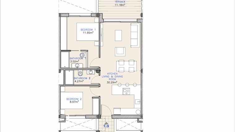 Rzut - Mieszkanie na sprzedaż 2 pokoje o powierzchni 79,88 m² - numer 1.3 w Mieszkania w Los Alcázares - 67948429