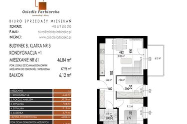 Rzut - Mieszkanie na sprzedaż 3 pokoje o powierzchni 46,84 m² - numer 61B w Osiedle Farbiarska II