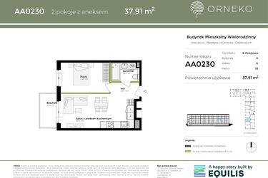 Rzut - Mieszkanie na sprzedaż 2 pokoje o powierzchni 37,91 m² - numer AA0230 w Orneko