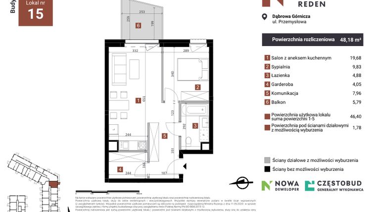 Rzut - Mieszkanie na sprzedaż 2 pokoje o powierzchni 48,18 m² - numer A15 w Nowy Reden