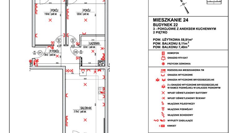 Rzut - Mieszkanie na sprzedaż 3 pokoje o powierzchni 58,91 m² - numer 24 w Osiedle 4 Pory Roku - Etap VIII