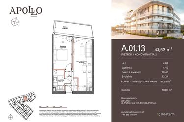 Rzut - Mieszkanie na sprzedaż 2 pokoje o powierzchni 41,95 m² - numer A.1.13 w Apollo Residence
