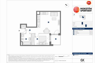 Rzut - Mieszkanie na sprzedaż 2 pokoje o powierzchni 43,8 m² - numer F.23 w Mokotów Sportowy