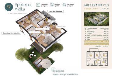 Rzut - Mieszkanie na sprzedaż 3 pokoje o powierzchni 57,66 m² - numer C2/2 w Spokojna Wólka etap IV