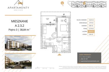 Rzut - Mieszkanie na sprzedaż 2 pokoje o powierzchni 38,84 m² - numer A2.3.2 w Apartamenty Nowe Miasto