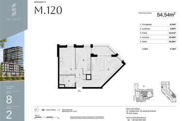 Rzut - Mieszkanie na sprzedaż 2 pokoje o powierzchni 54,54 m² - numer M120 w Sky Trust etap II