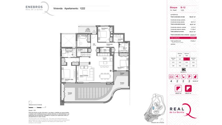 Rzut - Mieszkanie na sprzedaż 4 pokoje o powierzchni 189,66 m² - numer 1222 w Enebros Real de La Quinta