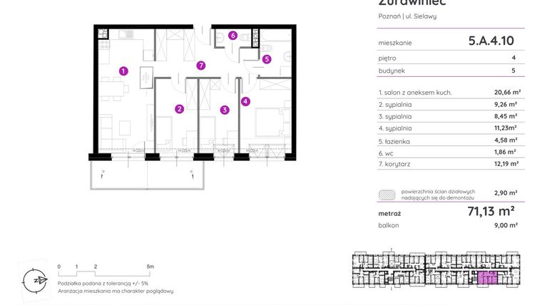 Rzut - Mieszkanie na sprzedaż 4 pokoje o powierzchni 71,34 m² - numer 5.A.4.10 w Murapol Zielony Żurawiniec