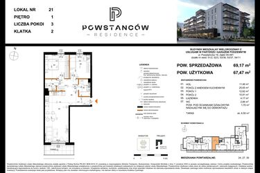 Rzut - Mieszkanie na sprzedaż 3 pokoje o powierzchni 69,17 m² - numer 21 w Powstańców Residence