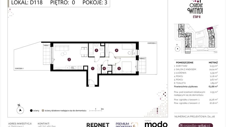 Rzut - Mieszkanie na sprzedaż 3 pokoje o powierzchni 64,43 m² - numer D118 w Osiedle Witaj etap II