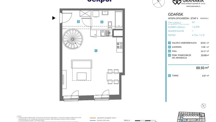 Rzut - Mieszkanie na sprzedaż 1 pokój o powierzchni 69,93 m² - numer 1.6.078.M w Granaria