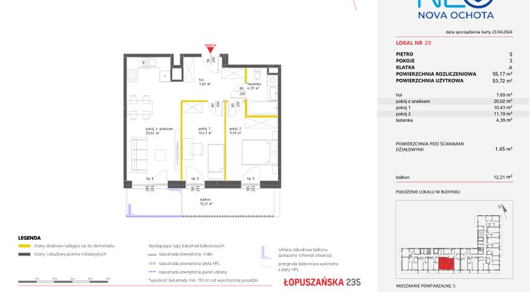 Rzut - Mieszkanie na sprzedaż 3 pokoje o powierzchni 55,17 m² - numer 29 w Neo Nova Ochota