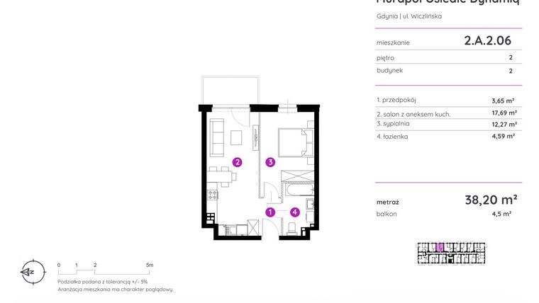 Rzut - Mieszkanie na sprzedaż 2 pokoje o powierzchni 38,2 m² - numer 2.A.2.06 w Murapol Osiedle Dynamiq